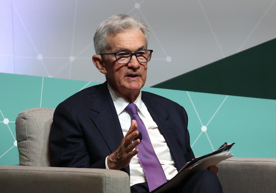 STANFORD, CALIFORNIA - APRIL 03: Federal Reserve Bank President Jerome Powell speaks during the Stanford Business, Government and Society Forum at Stanford University on April 3, 2024 in Stanford, California.  Powell spoke at Stanford's first Business, Government and Society Forum on the theme of responsible leadership in a polarized world.  (Photo by Justin Sullivan/Getty Images)