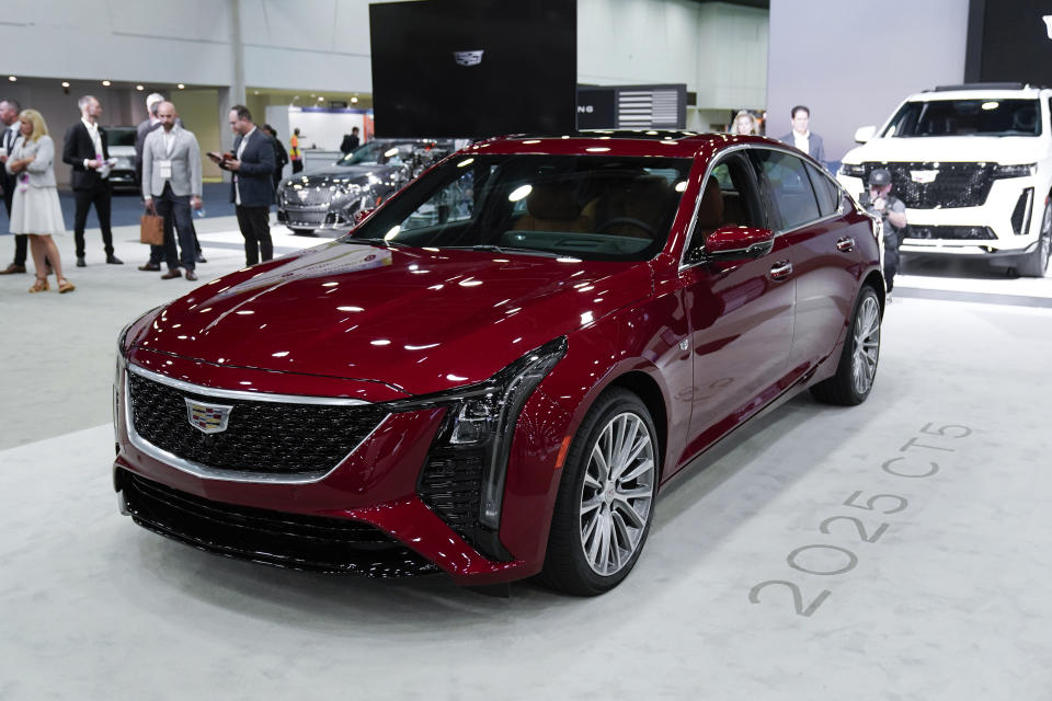 The 2025 Cadillac CT5 is displayed at the North American International Auto Show in Detroit, Wednesday, Sept. 13, 2023. (AP Photo/Paul Sancya)