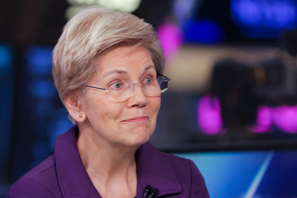 US Senator Elizabeth Warren (D-MA) is interviewed on the floor of the New York Stock Exchange (NYSE) in New York City, US, March 31, 2023. REUTERS/Andrew Kelly