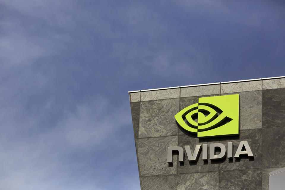 The logo of technology company Nvidia is seen at its headquarters in Santa Clara, California, on February 11, 2015. Nvidia Corp on Wednesday reported higher quarterly results that beat Wall Street expectations, sending its shares higher while the Graphics chip maker was looking to sharpen its focus on high-end automobiles.  Nvidia is trying to expand its graphics technology beyond the sluggish personal computer industry with its line of Tegra chips for mobile devices and, increasingly, cars.  REUTERS/Robert Galbraith (UNITED STATES - Tags: SCIENCE TECHNOLOGY BUSINESS LOGO)