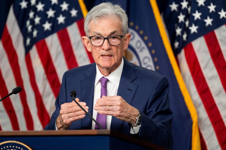 US Federal Reserve Chairman Jerome Powell holds a press conference at the end of the Federal Open Market Committee (FOMC) meeting in Washington, DC on May 1, 2024. The Federal Reserve held interest rates steady for the sixth consecutive meeting on May 1st.  keeping the level at the highest level in 23 years to combat persistent price increases.  At the end of a two-day meeting, the Fed kept the benchmark interest rate unchanged at between 5.25% and 5.50%, citing a 