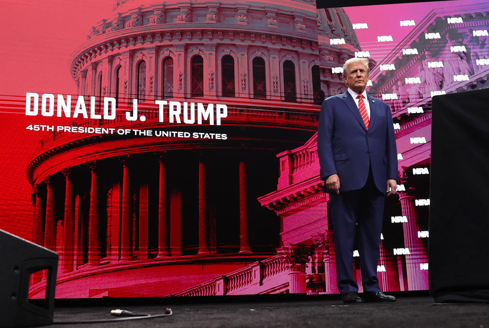 DALLAS, TEXAS - MAY 18: Former US President Donald Trump speaks during the NRA ILA Leadership Forum at the National Rifle Association (NRA) Annual Meeting and Exhibition at the Kay Bailey Hutchison Convention Center on May 18 2024 in Dallas, Texas.  The National Rifle Association's annual meeting and exposition runs through Sunday.  (Photo by Justin Sullivan/Getty Images)