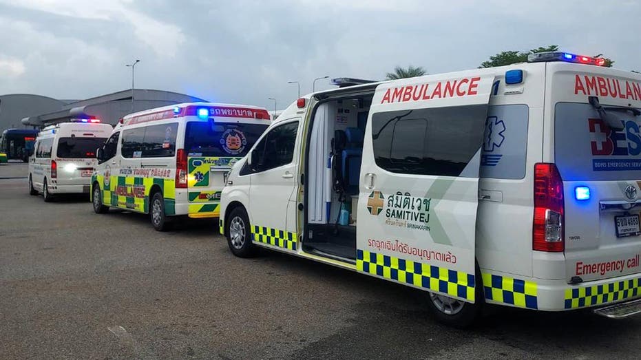 Ambulance vans lined up on the track