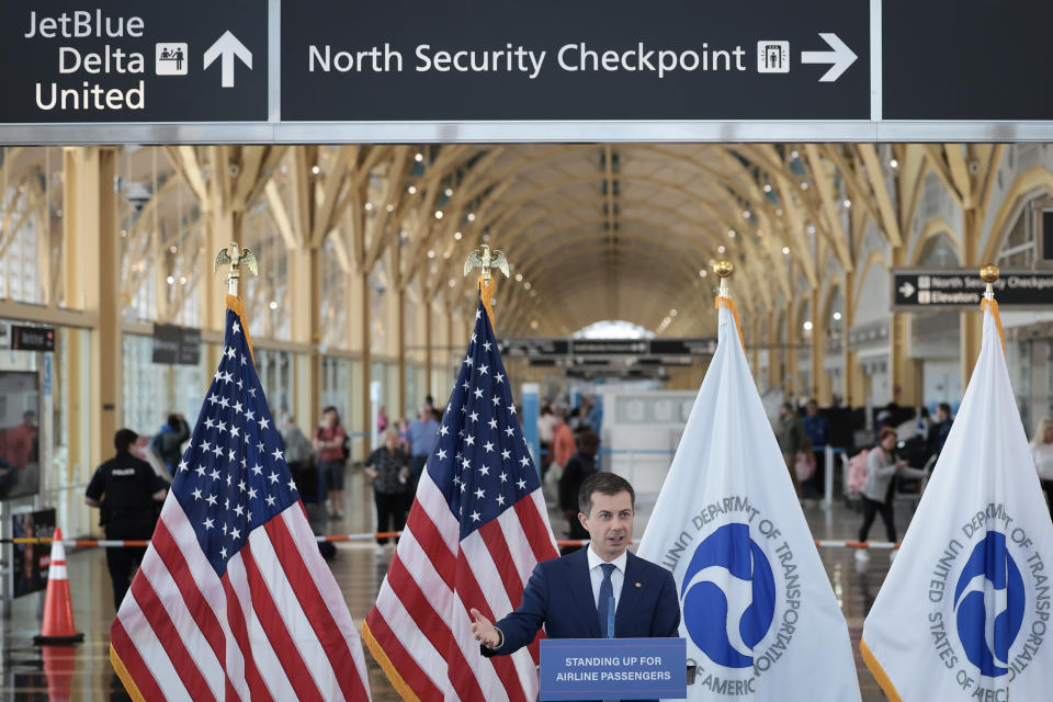 ARLINGTON, VIRGINIA - APRIL 24: U.S. Secretary of Transportation Pete Buttigieg speaks during a press conference at Washington National Airport on April 24, 2024 in Arlington, Virginia.  During the press conference, Buttigieg described newly announced consumer protections for airline customers that would force airlines to pay customers in cash rather than vouchers when inconvenienced by airlines due to travel delays.  (Photo by Win McNamee/Getty Images)