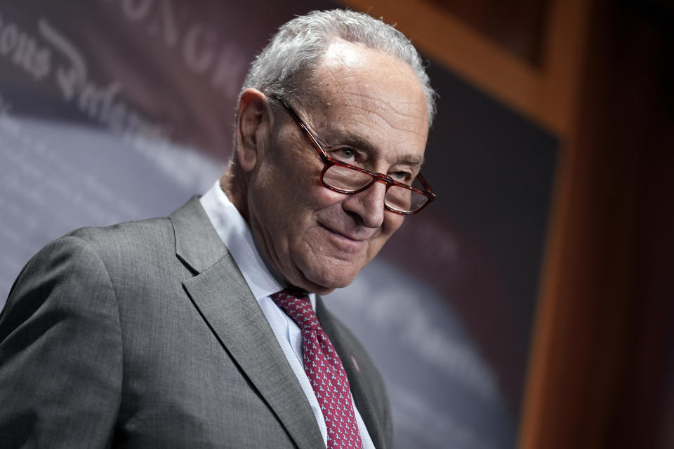 Senate Majority Leader Chuck Schumer, D-N.Y., speaks to reporters after Senate Republicans blocked a bipartisan border security and immigration bill for the second time this year, at the Capitol in Washington, Thursday , May 23, 2024. Schumer accused Republican presidential candidate former President Donald Trump of interfering with legislation for political purposes.  (AP Photo/J. Scott Applewhite)