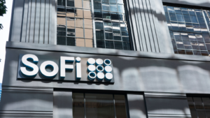 Sign with the SoFi logo on the facade of the headquarters.  Social Finance is an online personal finance company.