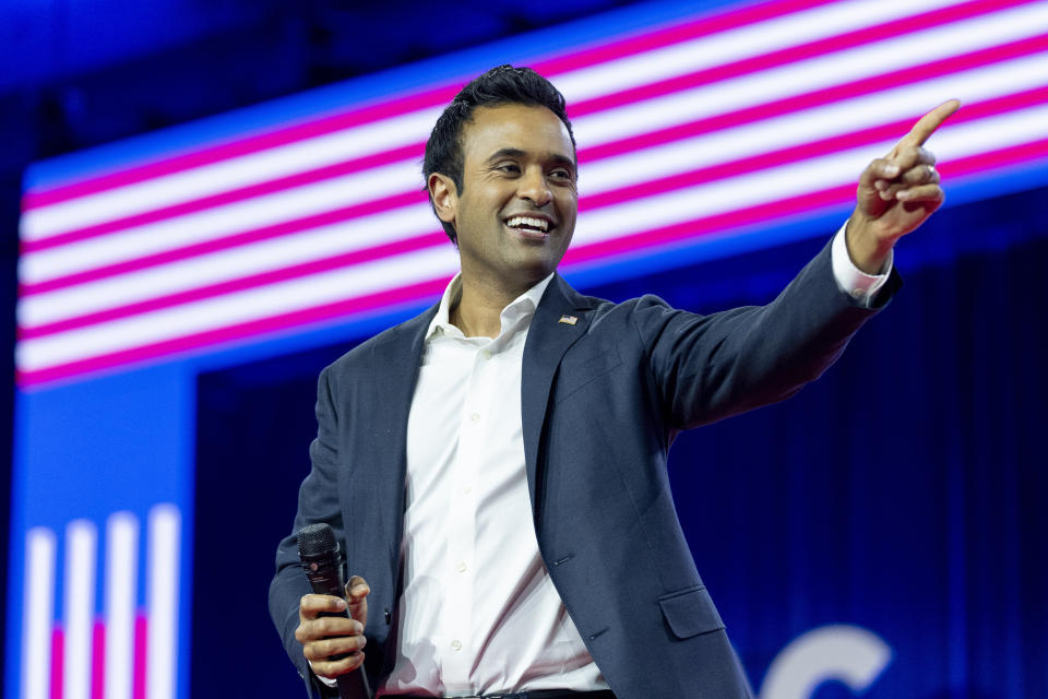 FILE - Vivek Ramaswamy speaks during the Conservative Political Action Conference, CPAC 2024, at National Harbor in Oxon Hill, Maryland, Saturday, February 24, 2024. Ramaswamy purchased a 7.7% stake in Buzzfeed, the award-winning digital media Pulitzer Prize outlet that went into restructuring last year.  Shares soared more than 50% before the market opened on Wednesday, May 22.  (AP Photo/Alex Brandon, File)