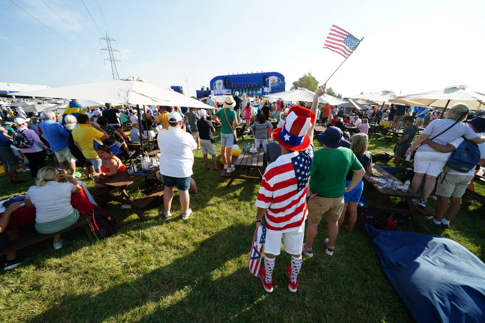 US fans during the Ryder Cup opening ceremony at Marco Simone Golf and Country Club, Rome, Italy.  Photo date: Thursday, September 28, 2023. (Photo by Mike Egerton/PA Images via Getty Images)