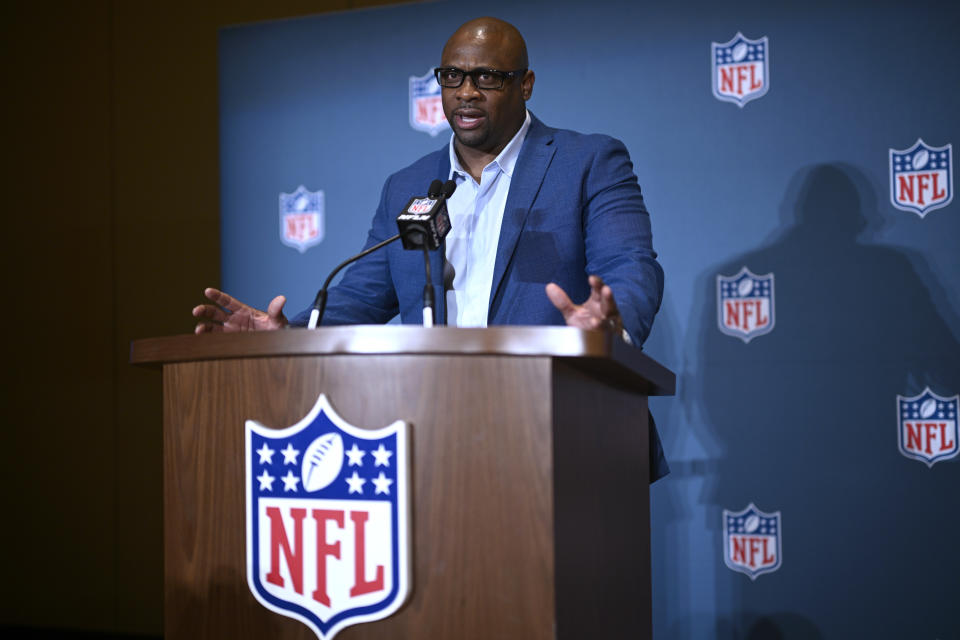 Troy Vincent, NFL executive vice president of football operations, speaks to reporters about the league's flag football initiatives at the NFL owners meetings, Monday, March 25, 2024, in Orlando, Florida.