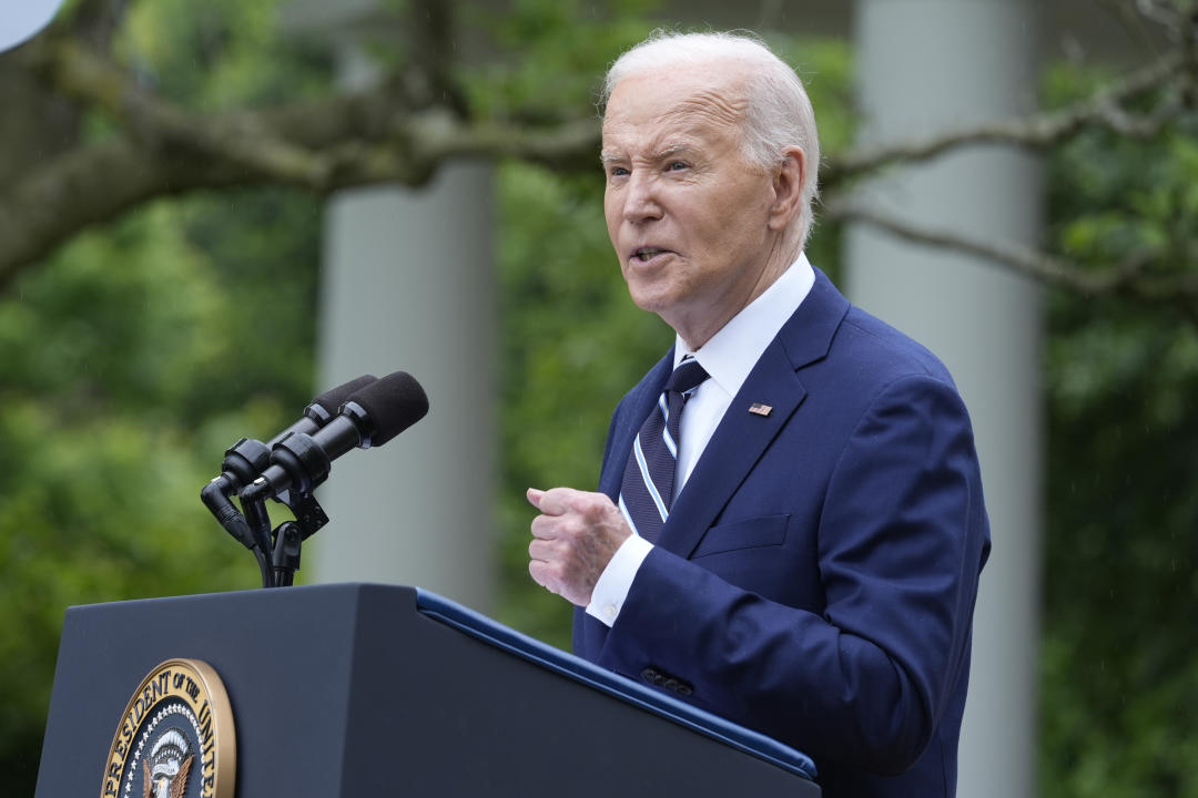 President Joe Biden speaks in the Rose Garden of the White House in Washington, Tuesday, May 14, 2024, announcing plans to impose major new tariffs on electric vehicles, semiconductors, solar equipment and medical supplies imported from China.  (AP Photo/Susan Walsh)