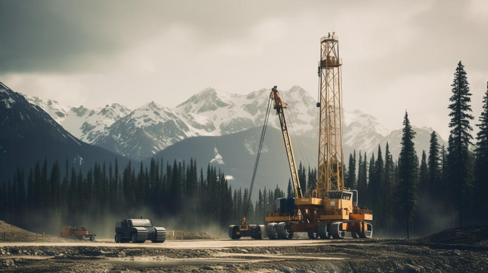 A drilling rig in action in the western Canadian wilderness, showing the companies' focus on exploration and production.