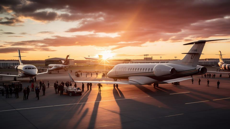 Aerial photo of a busy airport, showing the company's private aviation services.