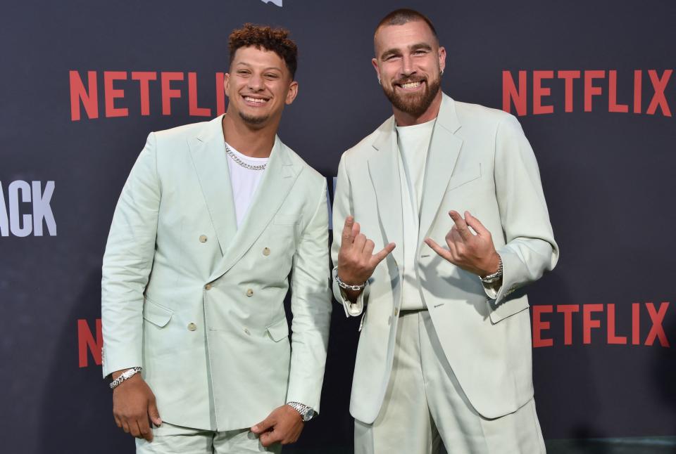 US Kansas City Chief football players Patrick Mahomes (R) and Travis Kielce (L) arrive for Netflix docuseries premiere 