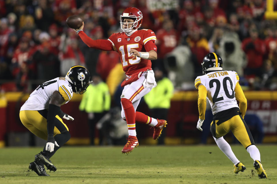 FILE - Kansas City Chiefs quarterback Patrick Mahomes (15) throws a pass during the first half of an NFL wild card football game against the Pittsburgh Steelers, Sunday, Jan. 16, 2022, in Kansas City, Missouri .  announced a three-year deal on Wednesday, May 15, 2024. to broadcast games on Christmas Day, which includes the Chiefs facing the Steelers on December 25, 2024. (AP Photo/Travis Heying, File)