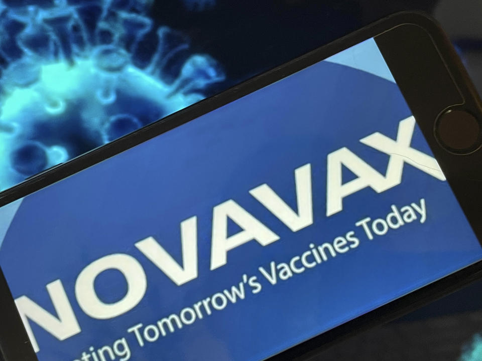 Photo by: STRF/STAR MAX/IPx 2021 1/29/21 Novavax says its two-dose COVID-19 vaccine shows an 89.3% efficacy rate in a large Phase 3 clinical trial and was highly effective against a variant first identified in the United Kingdom.  STAR MAX photo: Novavax logo and images of the COVID-19 virus photographed on Apple devices.