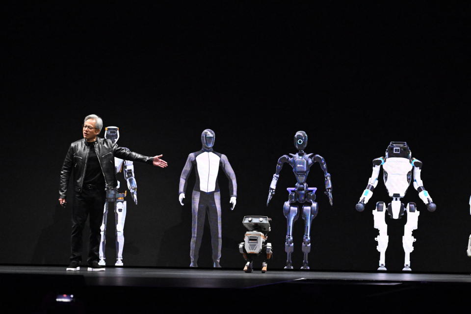 NVIDIA CEO Jensen Huang speaks during the Nvidia GTC Annual Artificial Intelligence Conference at the SAP Center in San Jose, California, March 18, 2024. (Photo by JOSH EDELSON/AFP) (Photo by JOSH EDELSON/AFP via Getty Images)