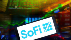 SoFi Technologies, Inc logo with stock market graph background.  is an American online personal finance and online banking company.