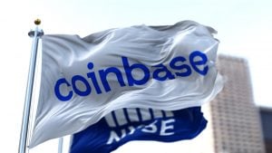 Coinbase and NYSE flags waving in the wind.