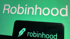 The Robinood app logo with the Robinhood website logo (HOOD) in the background.