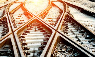 Closeup of intersecting railroad tracks in a train yard