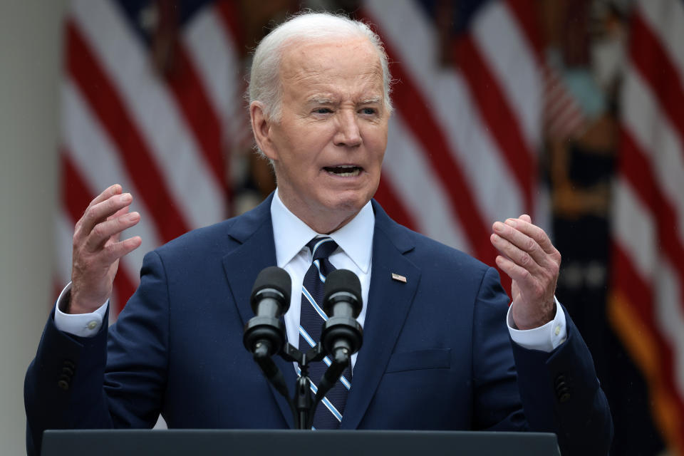 WASHINGTON, DC - MAY 14: US President Joe Biden announces increased tariffs on Chinese goods to promote American investment and jobs in the White House Rose Garden on May 14, 2024 in Washington, DC.  To protect American companies, Biden announced increased tariffs on Chinese imports that he says are unfairly subsidized by Beijing, including electric vehicles, solar cells, semiconductors and advanced batteries.  (Photo by Win McNamee/Getty Images)