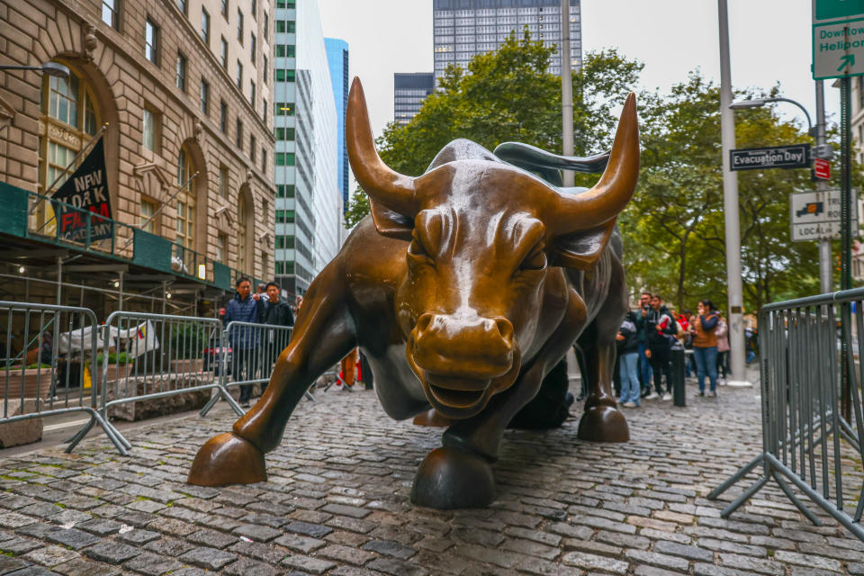 Charging Bull bronze sculpture in the financial district of Manhattan, New York, United States, on October 23, 2022. The sculpture was created by Italian artist Arturo Di Modica after the Black Monday stock market crash of 1987. (Photo by Beata Zawrzel/NurPhoto via Getty Images)