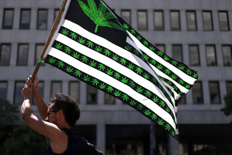 WASHINGTON, DC - JULY 04: A marijuana activist holds a flag during an Independence Day march on July 4, 2021 in Washington, DC.  Members of the Fourth of July Hemp Coalition gathered outside the White House for their annual protest against marijuana prohibition, which the group said dates back more than 50 years to the Nixon administration.  (Photo by Alex Wong/Getty Images)