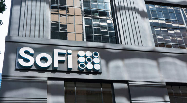 Sign with the SoFi logo on the facade of the headquarters.  Social Finance is an online personal finance company.