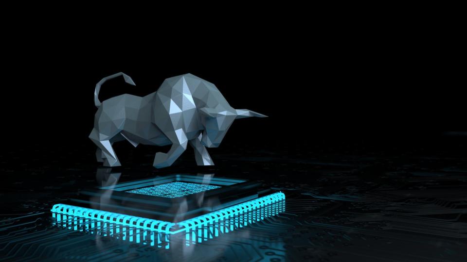 A digitally rendered 3D bull standing on a computer chip, ready to charge.