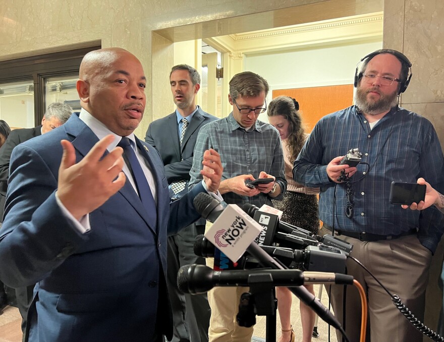 Assembly Speaker Carl Heastie meets with reporters at the State Capitol in Albany on April 16, 2024.