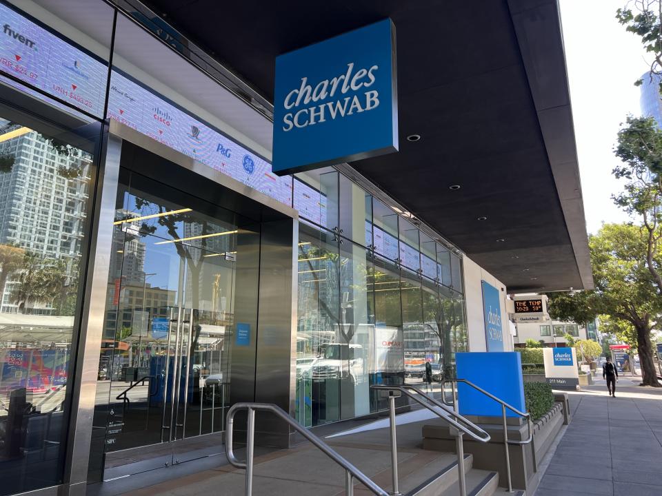 Charles Schwab office facade with logo visible on a sunny day, Main Street, South of Market, San Francisco, California, June 7, 2024. (Photo by Smith Collection/Gado/Getty Images)