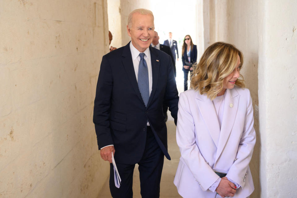 Italian Prime Minister Giorgia Meloni and US President Joe Biden attend a bilateral meeting on the sidelines of the G7 Summit at the Borgo Egnazia resort in Savelletri, Italy on June 14, 2024. (Photo by Mandel NGAN / AFP) (Photo by MANDEL NGAN/AFP via Getty Images)