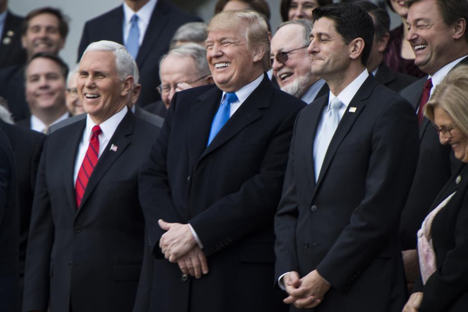 WASHINGTON, DC - DECEMBER 20: President Donald Trump with Vice President Mike Pence and House Speaker Paul Ryan of Wisconsin speak about the passage of the tax bill on the South Lawn at the White House in Washington, DC on Wednesday, December 12th.  October 20, 2017. (Photo by Jabin Botsford/The Washington Post via Getty Images)