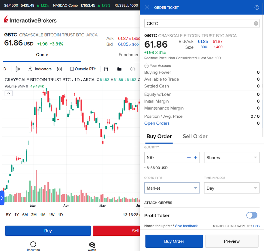 Order pop-up screen when purchasing a Grayscale Bitcoin Trust ETF through Interactive Brokers.