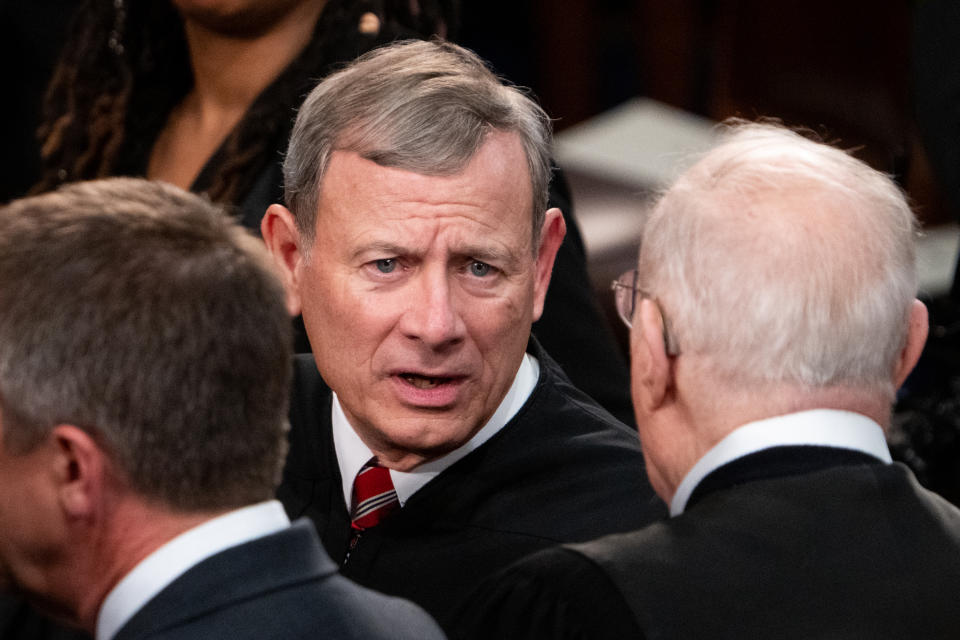 WASHINGTON - MARCH 7: John Roberts, Jr., Chief Justice of the Supreme Court of the United States, arrives on the House floor ahead of President Joe Biden's State of the Union address to the joint session of Congress at the U.S. Capitol on Thursday March 7, 2024 (Bill Clark/CQ-Roll Call, Inc via Getty Images)