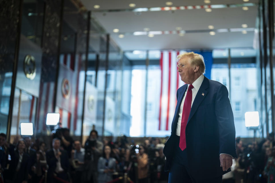 New York, NY - May 31: Former President Donald Trump walks away after speaking at a press conference in the lobby of Trump Tower one day after being found guilty of 34 felony counts of falsifying business records in the first degree in Criminal Court of Manhattan in New York, NY on Friday, May 31, 2024. Trump became the first former president to be convicted of felony crimes when a New York jury found him guilty of 34 felony counts of falsifying records commercials in a scheme to illegally influence the 2016 election by hushing up cash payments to a porn star who said the two had sex.  (Photo by Jabin Botsford/The Washington Post via Getty Images)