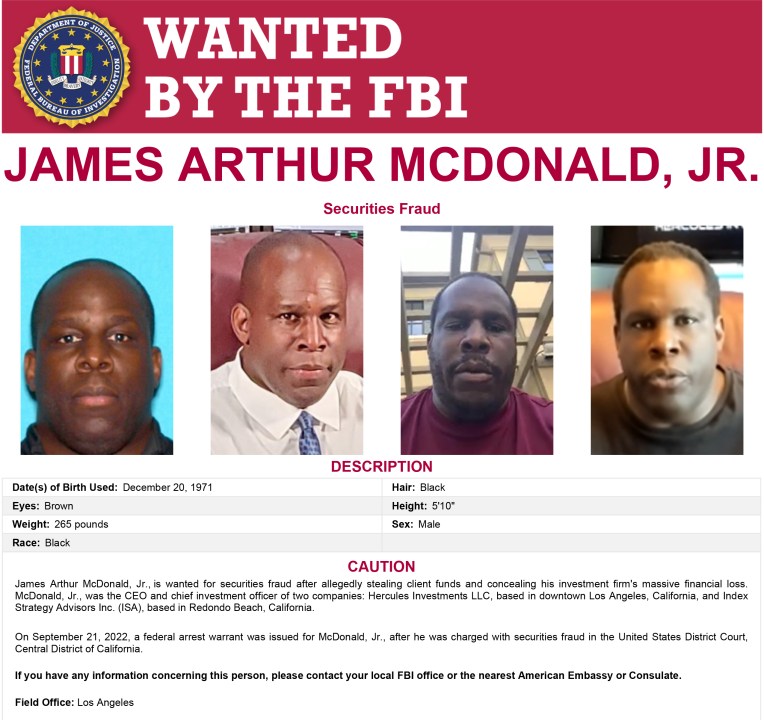 An FBI wanted flier shows James Arthur McDonald Jr., accused of securities fraud.