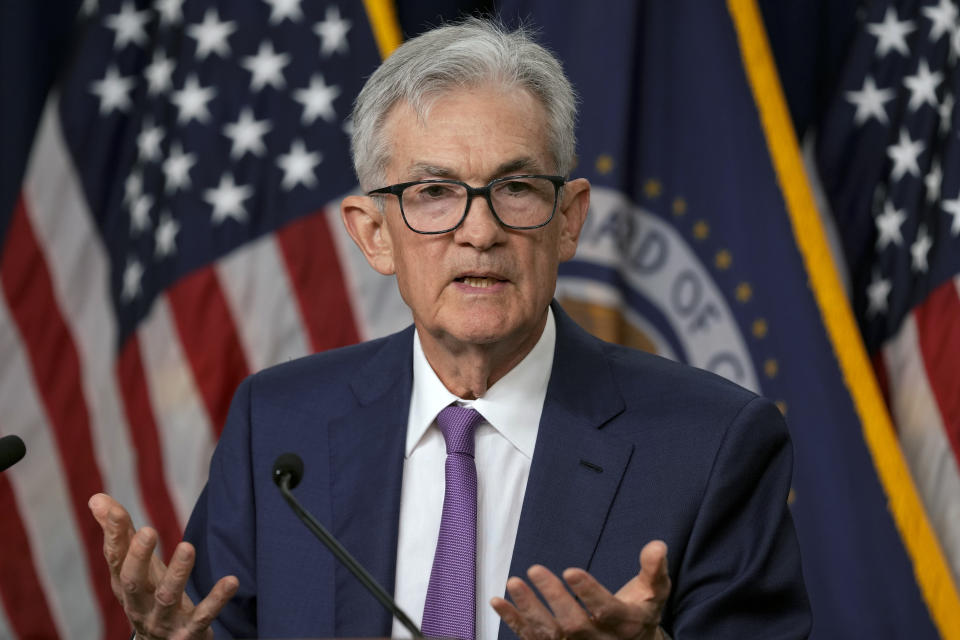 FILE - Federal Reserve Board Chairman Jerome Powell speaks during a news conference at the Federal Reserve in Washington, May 1, 2024. On Wednesday, June 12, 2024, the Federal Reserve will close its final meeting by issuing a policy statement, updating its economic report and interest rate projections, and holding a news conference with Powell.  (AP Photo/Susan Walsh, File)