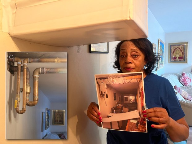 In Gloria Lowe's apartment, workers bizarrely installed a water pipe that protrudes two feet below her living room ceiling. (Téa Kvetenadze / New York Daily News)