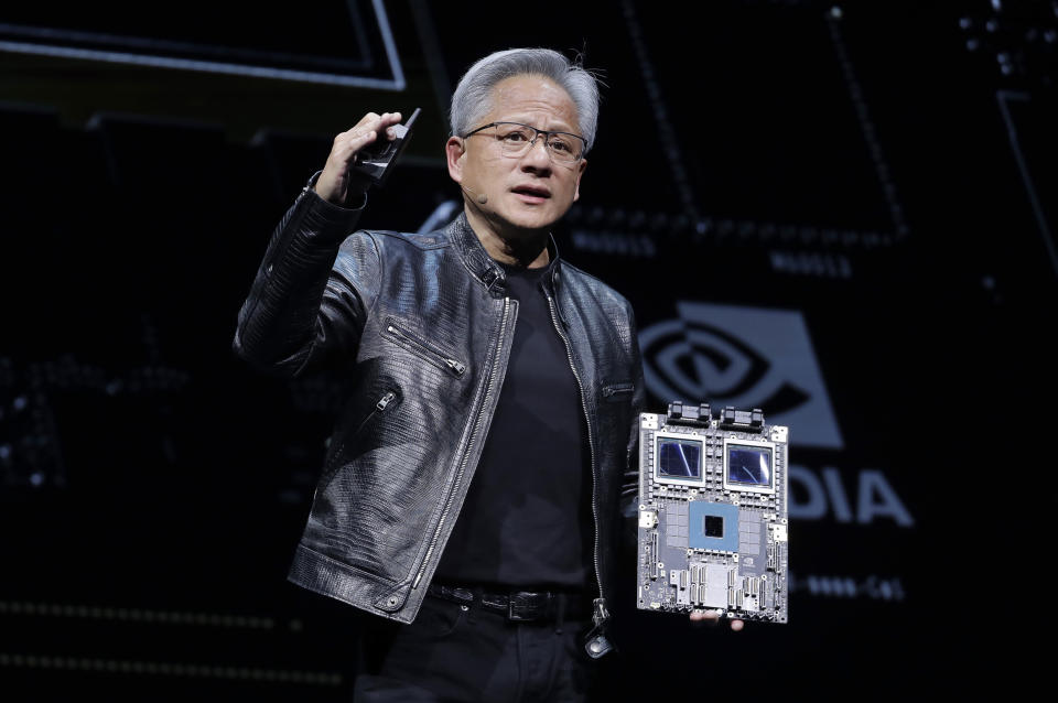 Nvidia Corporation Chairman and CEO Jensen Huang gives a speech during the Computex 2024 exhibition in Taipei, Taiwan, Sunday, June 2, 2024. (AP Photo/Chiang Ying-ying)