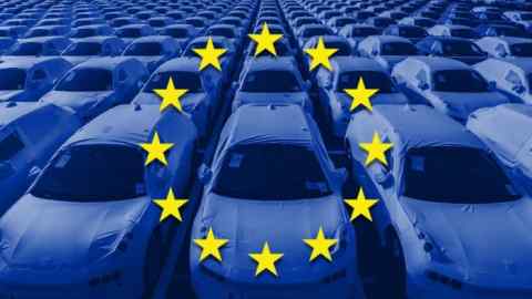 an EU flag superimposed on a photograph of rows of new cars