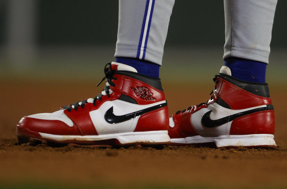 Boston, MA - June 25: Toronto Blue Jays 1B Vladimir Gurrero Jr. sports red and white Nike sneakers.  (Photo by Matthew J. Lee/The Boston Globe via Getty Images)