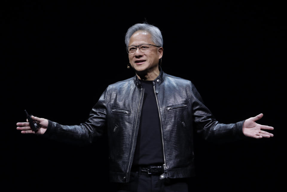 Nvidia Corporation Chairman and CEO Jensen Huang gives a speech during the Computex 2024 exhibition in Taipei, Taiwan, Sunday, June 2, 2024. (AP Photo/Chiang Ying-ying)