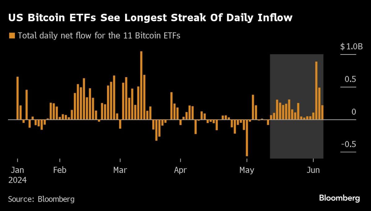 US Bitcoin ETFs Post Longest Streak of Entries as Token Nears Record