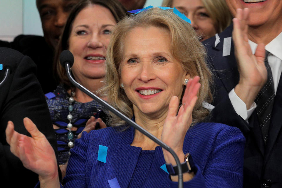 Shari Redstone, chairman of ViacomCBS and president of National Amusements, reacts as she celebrates the merger of her company on the Nasdaq Market website in New York, U.S. December 5, 2019. REUTERS/Brendan McDermid