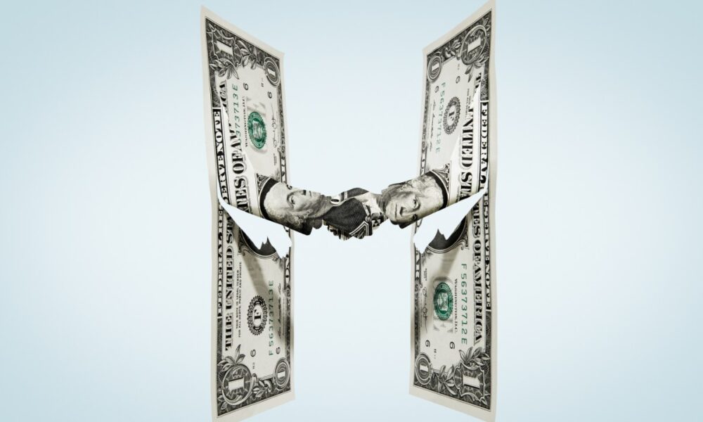 illustration of two dollar bills shaking hands