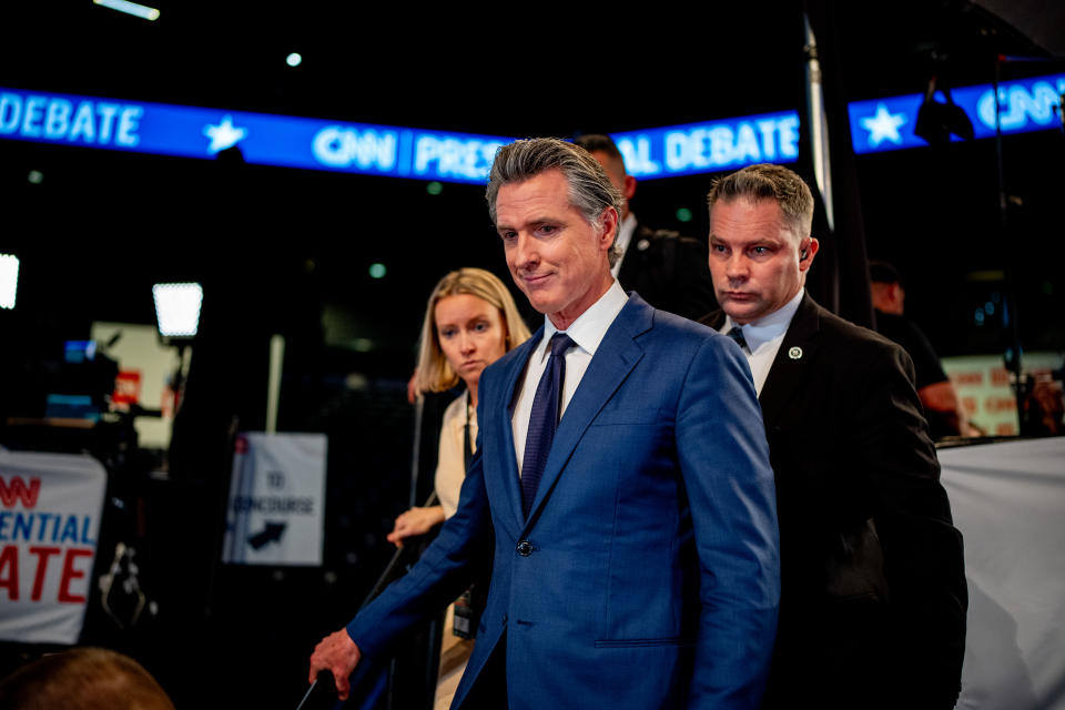 ATLANTA, GEORGIA - JUNE 27: Governor Gavin Newsom (D-CA) leaves after speaking to reporters in the press room following the CNN presidential debate between US President Joe Biden and Republican presidential candidate, former US President Donald Trump at McCamish Pavilion on the campus of the Georgia Institute of Technology on June 27, 2024 in Atlanta, Georgia.  President Biden and former President Trump face off in the first presidential debate of the 2024 campaign. (Photo by Andrew Harnik/Getty Images)