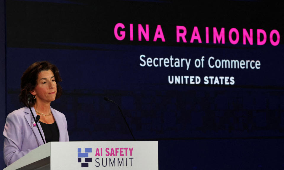 U.S. Commerce Secretary Gina Raimondo speaks during the UK Artificial Intelligence (AI) Security Summit at Bletchley Park in central England on November 1, 2023. (Photo by TOBY MELVILLE/POOL/AFP) (Photo by TOBY MELVILLE/POOL/AFP via Getty Images)