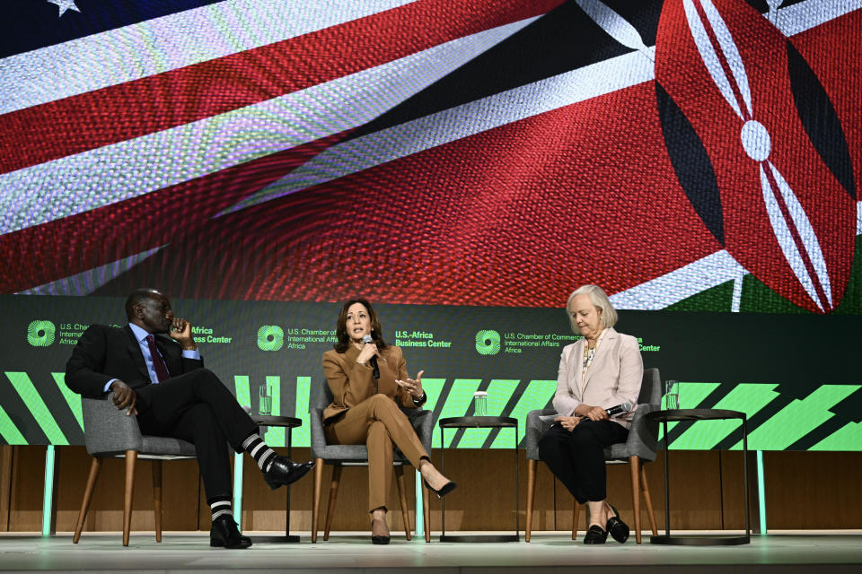 U.S. Vice President Kamala Harris (C) moderates a conversation with Kenyan President William Ruto (L) and U.S. Ambassador to Kenya Meg Whitman (R) at the U.S. Chamber of Commerce in Washington, D.C., on May 24, 2024. (Photo by Brendan SMIALOWSKI/AFP) (Photo by BRENDAN SMIALOWSKI/AFP via Getty Images)