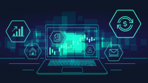 An image of a laptop with financial icons coming out of the screen; chart, mail, house, money; technology stocks